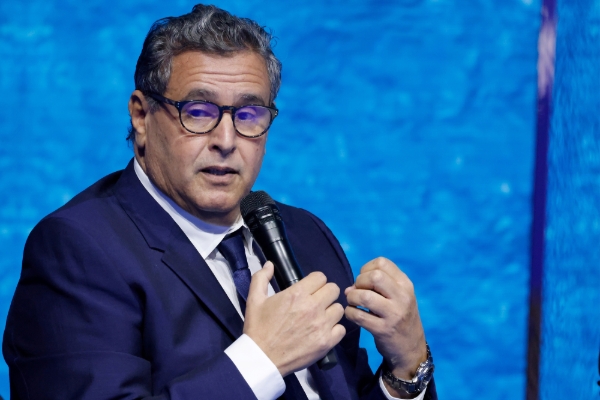 Morocco's Prime Minister Aziz Akhannouch speaks during the High Level Segment session of the One Ocean Summit in Brest, France, 11 February 2022.