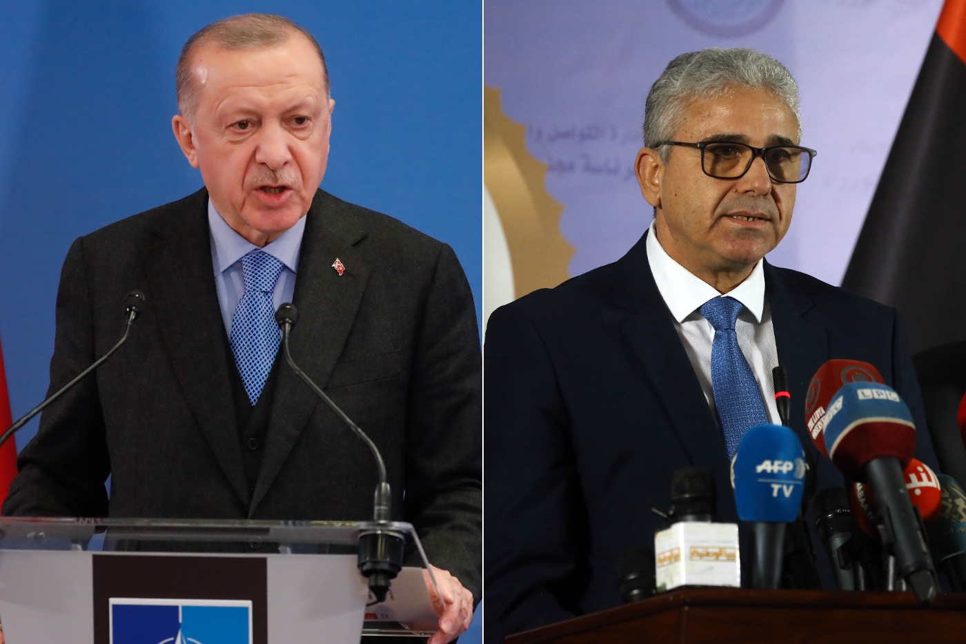Turkish President Recep Tayyip Erdogan (left) and Libyan PM-designate Fathi Bashagha.
