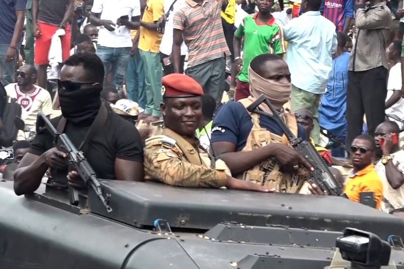 Captain Ibrahim Traoré (C), parades in the streets of Ouagadougou and hails the cheering crowd. Captain Ibrahim Traore was appointed as president of Burkina Faso on October 5, 2022, according to an official statement.