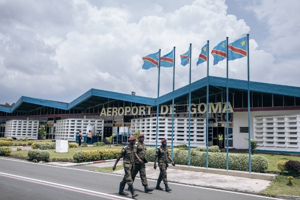 Soldiers of the Congolese Republican Guard walk on the tarmac of the airport in Goma, eastern Democratic Republic of Congo on 12th November 2022.