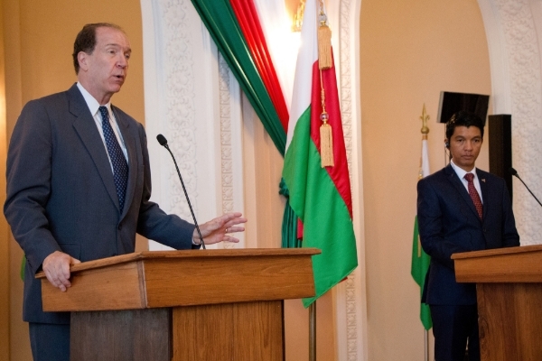 World Bank President David Malpass and Madagascar's President Andry Rajoelina at the Iavoloha presidential palace in Antananarivo, on 29 April 2019.