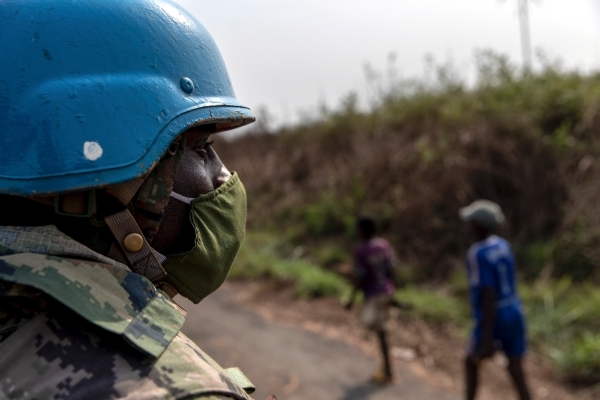 A United Nations Multidimensional Integrated Stabilization Mission in the Central African Republic (MINUSCA) soldier on patrol near Bangui, 23 January 2021.