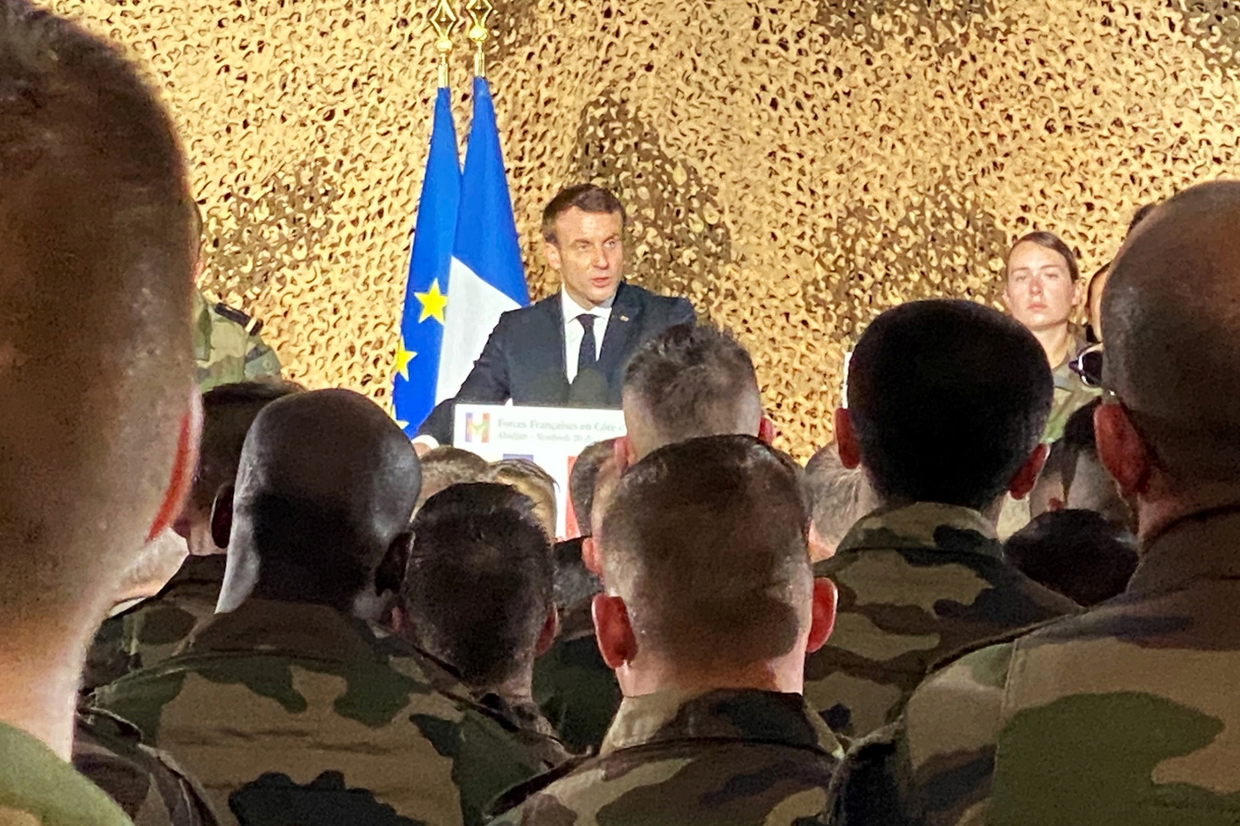 French President Emmanuel Macron during a visit to Port-Bouët camp, Ivory Coast, December 2019.