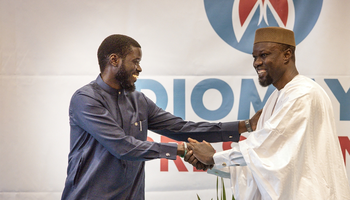 Opposition leader Ousmane Sonko (right) with Bassirou Diomaye Faye in Dakar on 15 March 2024. 