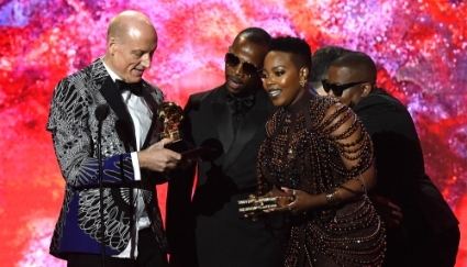 South Africans Wouter Kellerman (flute), Zakes Bantwini (production) and Nomcebo Zikode (vocals) receiving the award for Best World Music Performance at the Grammy Awards in Los Angeles on 5 February 2023.
