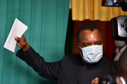 Congolese President Denis Sassou Nguesso at the polling station on 21 March 2021.