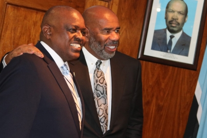 Botswana president Mokgweetsi Masisi with US TV game show host Steve Harvey in 2019.