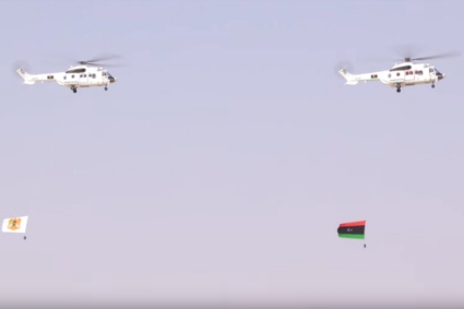 Libyan National Army Super Puma helicopters during the parade on 28 May 2021.
