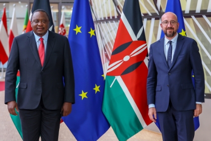 Kenyan President Uhuru Kenyatta (left) met European Council President Charles Michel in Brussels in June 2021.