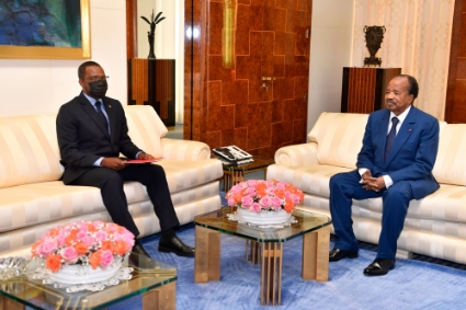 President of Cameroon Paul Biya (right) hosts Equatorial Guinea's oil minister Gabriel Obiang Lima on 13 September in Yaoundé.