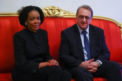 Russian deputy foreign minister Mikhail Bogdanov and Congolese presidential adviser Francoise Joly, during their meeting in Moscow on 1 March 2021.