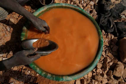 An artisanal miner pans for gold at an unlicensed mine near the city of Doropo, Ivory Coast.