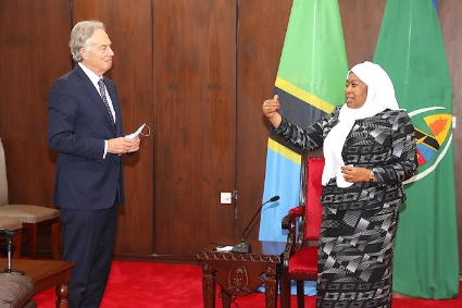 Former UK prime minister Tony Blair with the president of Tanzania Samia Suluhu Hassan.