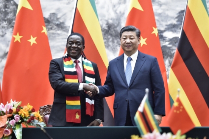 Zimbabwean President Emmerson Mnangagwa and his Chinese counterpart Xi Jinping during the African leader's first visit to China on April 3, 2018.