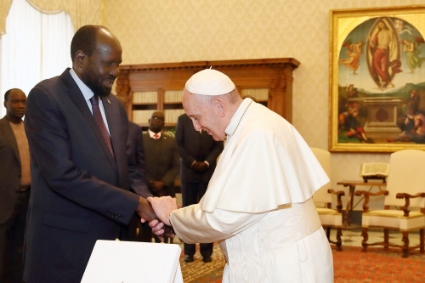 Pope Francis receives the President of the Republic of South Sudan Salva Kiir at the Vatican on March 16, 2019.