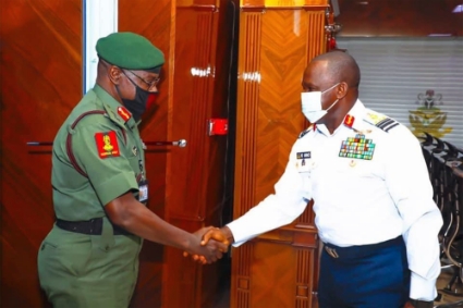 Army commander Faruk Yahaya during a courtesy visit to air force chief Isiaka Oladayo Amao on 2 June 2021.