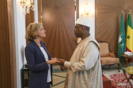 The president of the Ile-de-France regional council Valérie Pécresse and the Senegalese president Macky Sall in Dakar in 2019.
