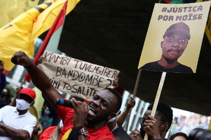 A demonstrator speaks during a protest against the death of Congolese refugee Moise Kabagambe, in Sao Paulo, Brazil February 5, 2022.