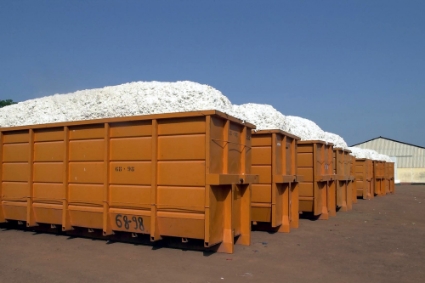 Cotton containers ready to be transported, in Senegal.
