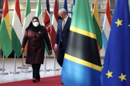 President of Tanzania Samia Suluhu Hassan and Charles Michel, president of the European Council, in Brussels on 15 February.