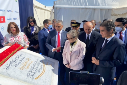 Prime Minister Najla Bouden and Japanese ambassador Shinsuke Shimizu during the laying of the first stone of the future desalination plant in Sfax.