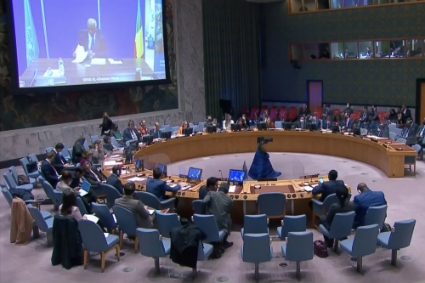 A UN Security Council meeting on 7 April 2022, discussing the Moura massacre in Mali.