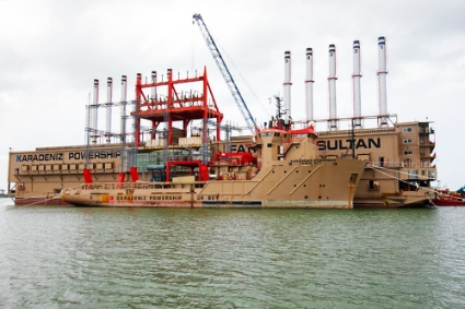 The Karpowership floating electricity production unit during its construction in March 2022, in Abidjan.