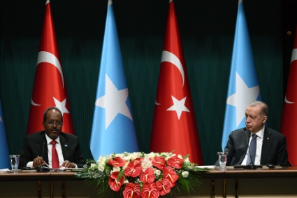 Turkish President Recep Tayyip Erdogan (R) and President of Somalia Hassan Sheikh Mohamud attend a joint press conference in Ankara, Turkey, on July 6, 2022.