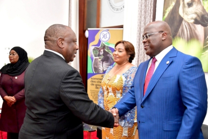 South African President Cyril Ramaphosa (L) shaking hands with the president of the Democratic Republic of the Congo Felix Tshisekedi (R) during the Southern African Development Community (SADC) 42nd Ordinary Summit of Heads of State and Government held in Kinshasa, DRC, 17 August 2022.