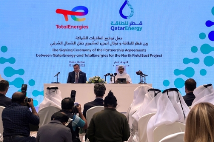 TotalEnergies CEO Patrick Pouyanné and QatarEnergy CEO Saad Sherida al-Kaabi at the signing of the partnership agreement for the North Field East project in Doha, Qatar, on 12 June 2022.