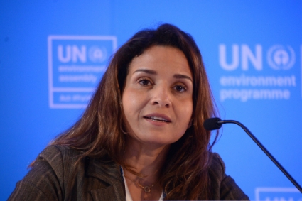 Leila Benali speaks during a news conference at the United Nations headquarters in Gigiri, in Kenya, 2 March 2022.