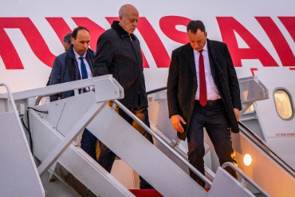 Tunisia President Kais Saied (centre) arrives at Andrews Air Force Base, Maryland, US, 12 December 2022.