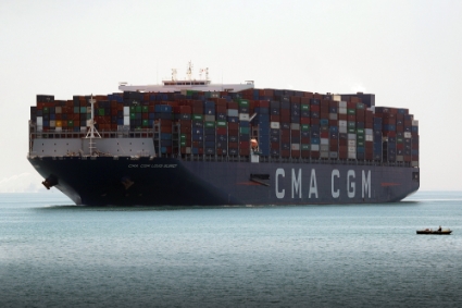 A CMA CGM container ship passing through the Suez Canal in Ismailia, in Egypt.