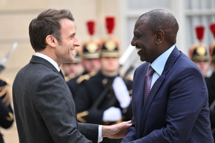 French President Emmanuel Macron with Kenya's President William Ruto, prior to a meeting at the Elysee in Paris, on 24th of January 2023.