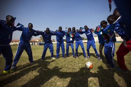 South Sudanese footballers at the Juba Stadium.