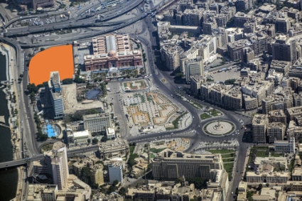 Aerial view of Tahrir Square in Cairo. The area on sale is shown in orange.