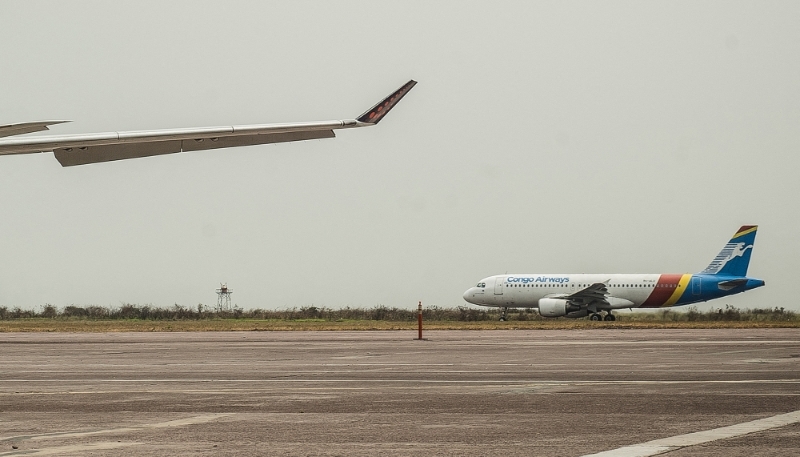 A Congo Airways passenger jet at N'Djili International Airport in Kinshasa