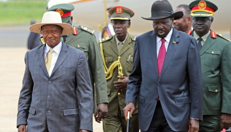 Uganda's president Yoweri Museveni is received by South Sudan's president Salva Kiir in Juba, South Sudan, on 14 October 2019.