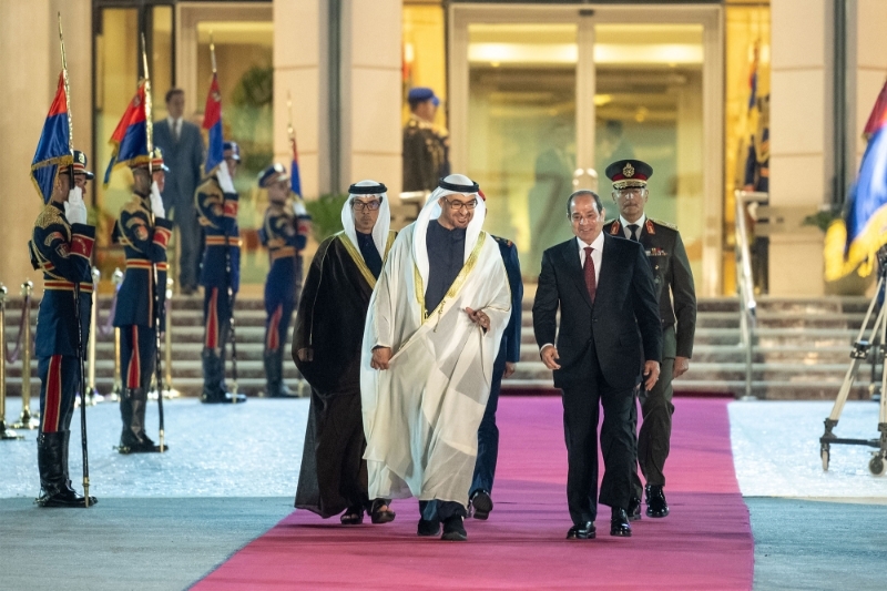 Egypt's president Abdel Fattah al-Sissi and the UAE president Mohamed bin Zayed in Cairo on 12 April 2023.