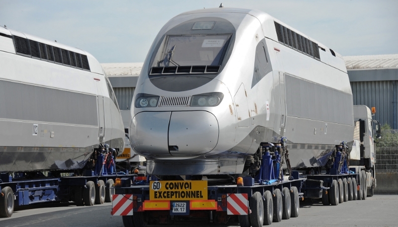 A high speed train produced by Alstom departs La Rochelle's harbour for Tangier, on 26 June 2015.