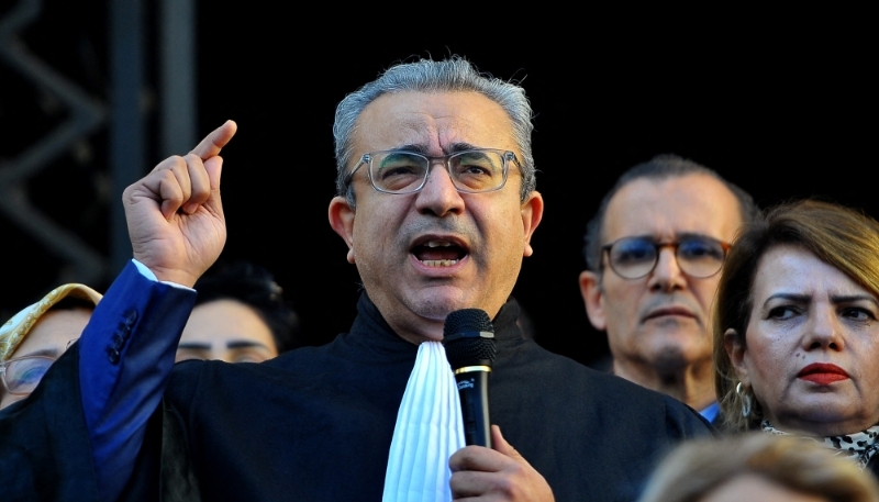 Dean of lawyers Hatem Al-Mazyou at a protest in rejection of the new finance law at the Palais de Justice, Tunis, 5 January 2023.