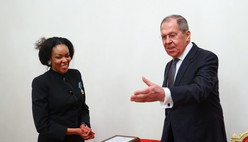 Sergey Lavrov welcomes Congolese presidential adviser Françoise Joly in Moscow on 1 March 2021.