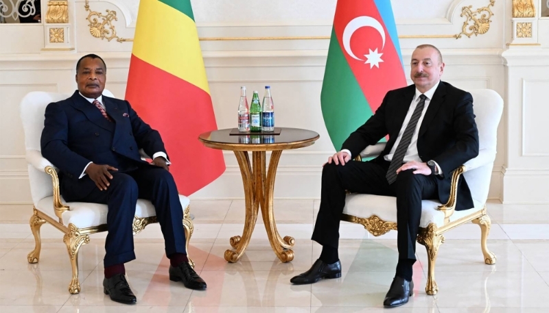 Congolese President Denis Sassou-Nguesso and his Azerbaijani counterpart Ilham Aliyev in Baku, Azerbaijan on 4 April 2024.