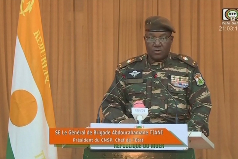 Image obtained by AFP from ORTN - Télé Sahel, on 19 August 2023, of General Abdourahamane Tiani reading a statement on national television. 