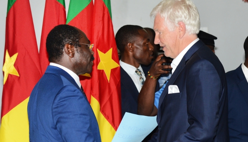 Cameroon's sports minister Narcisse Mouelle Kombi (left) and the new coach of the Indomitable Lions, the Belgian Marc Brys, on 9 April 2024 in Yaoundé.