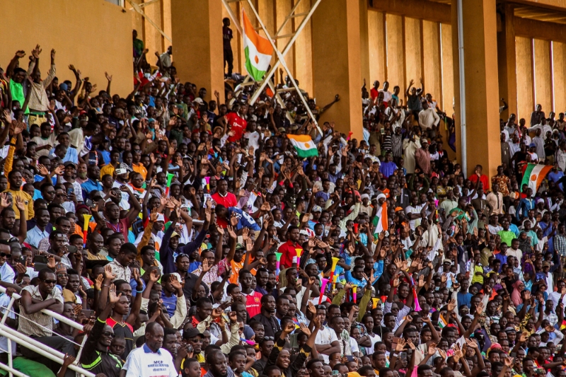 Supporters of the Niger coup in a stadium in Niamey, 6 August 2023.