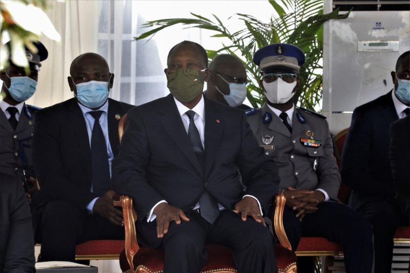 Ivory Coast President Alassane Ouattara attends a national tribute ceremony for dead soldiers, in Abidjan, Ivory Coast, July 2, 2020.