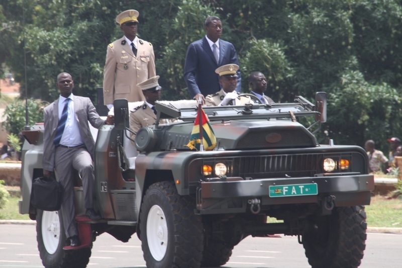 Togo's President Faure Gnassingbe inspects the army during a military parade celebrating the 55th anniversary of Togo's independence in Lome on 27 April 2015.