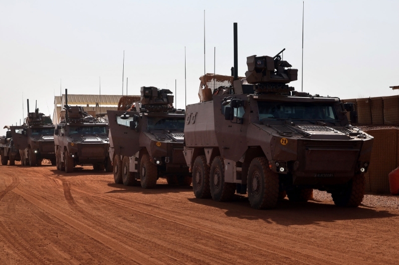 French multi-role armoured vehicles VBMR Griffon patrol the streets of Gao on 4 December 2021.