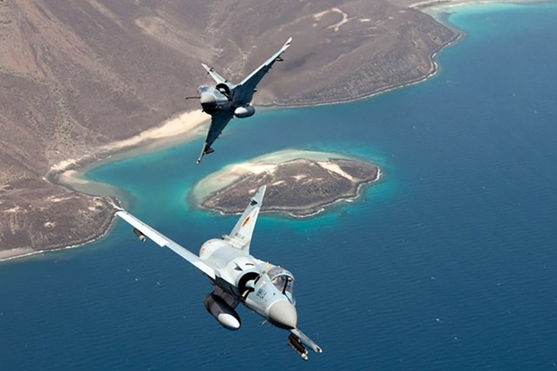French Mirage fighter jets flying over Djibouti.